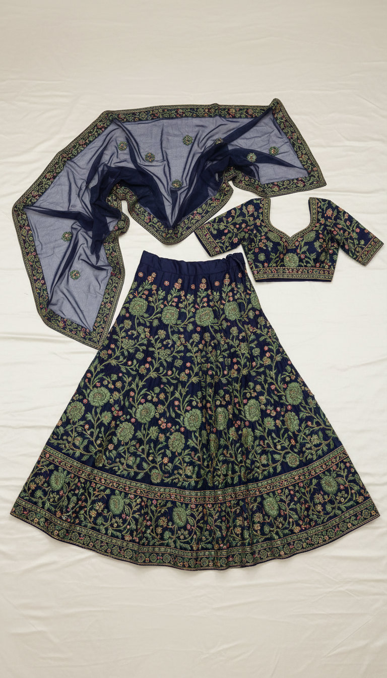 Indigo Night lehenga set with floral embroidery