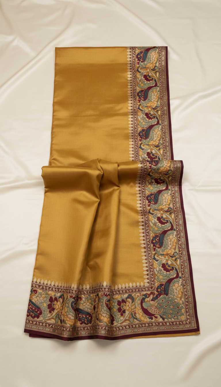Marigold Gold silk saree with hand embroidery